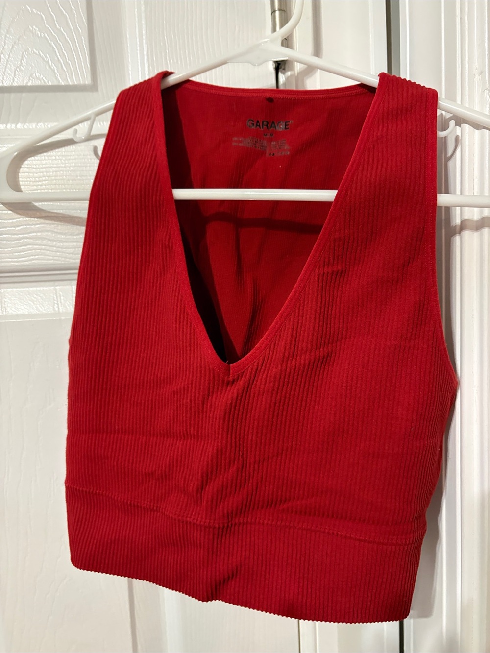 Garage Red Ribbed V-Neck Crop Tank